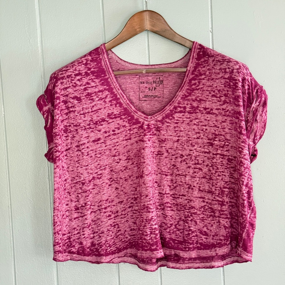 We The Free Free‎ People Cropped Pink Burnout V-Neck Oversized T-Shirt Size S